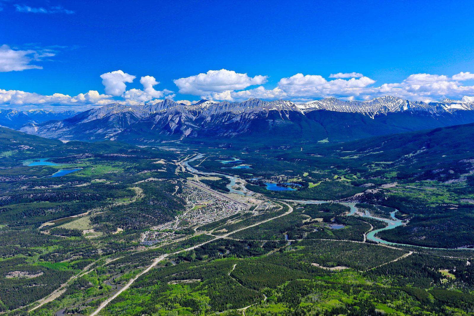 Jasper townsite beside the winding Athabasca River, photographed in May 2014