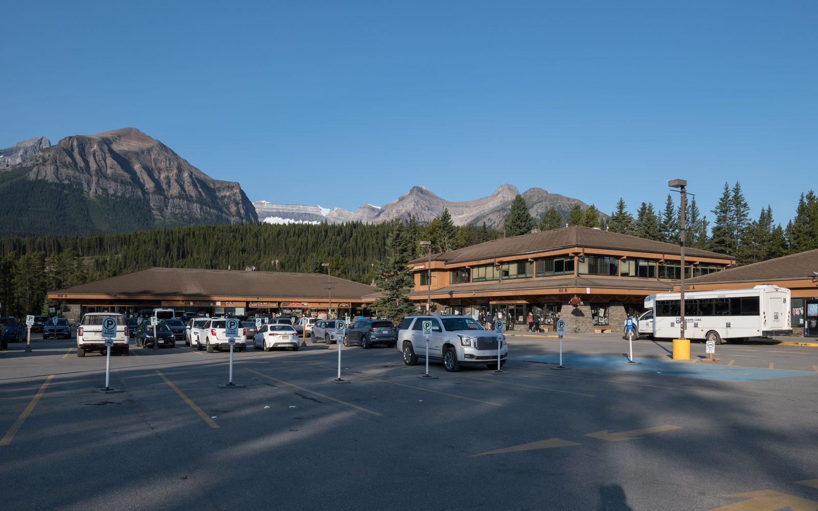 Samson Mall commercial building and parking lot in Lake Louise Village
