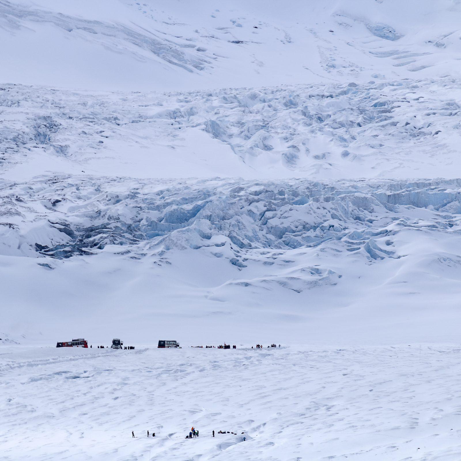 Athabasca Glacier on the Columbia Icefield with Ice Explorer coaches on the ice